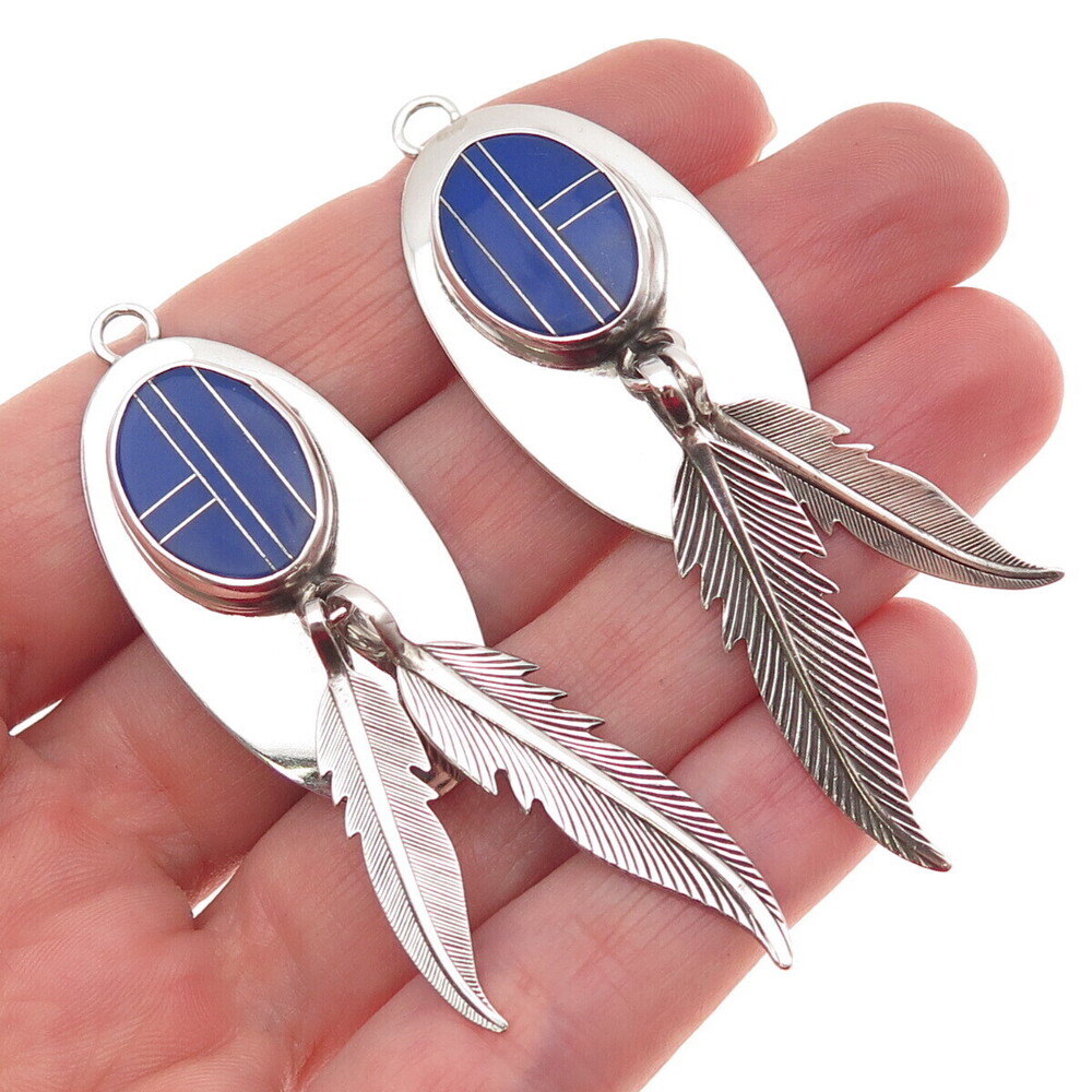 Old Pawn 925 Sterling Silver Vintage Lapis Feather Tribal Dangle Jacket Earrings